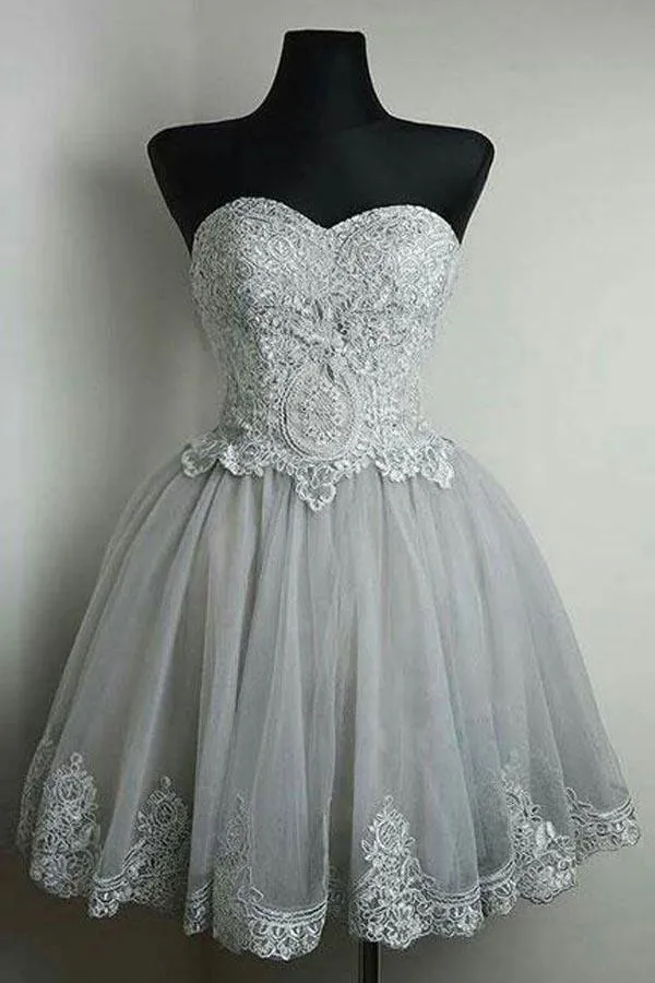 Strapless Sweetheart Neck Grey Homecoming Dresses Lace Appliqued PD169