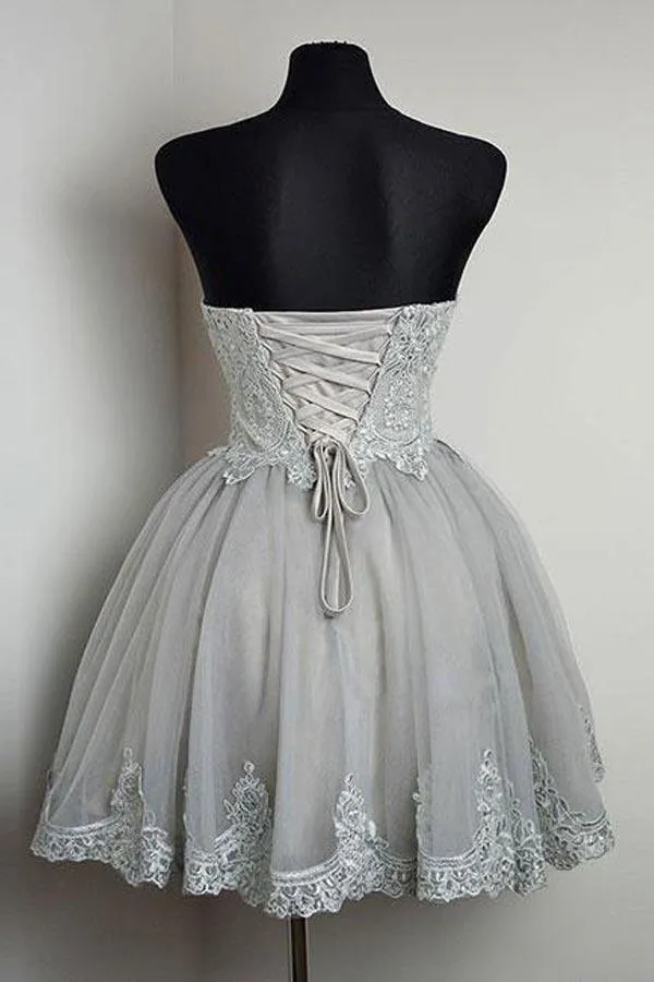 Strapless Sweetheart Neck Grey Homecoming Dresses Lace Appliqued PD169