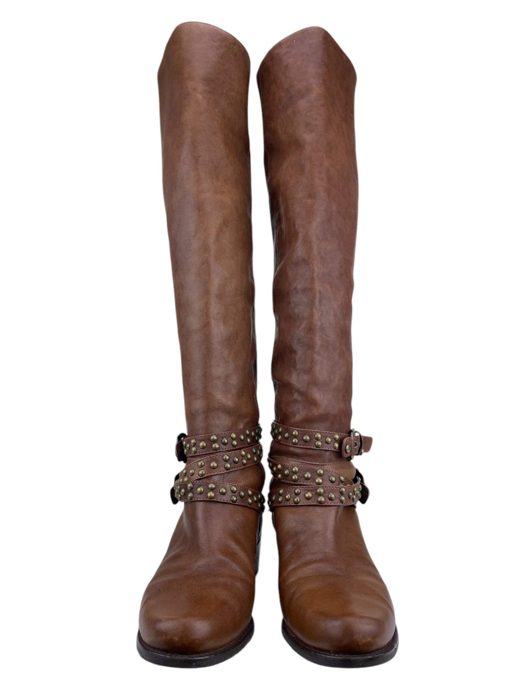 Stuart Weitzman Women's Over-the-Knee Studded Buckle Boots Brown Size 8.5