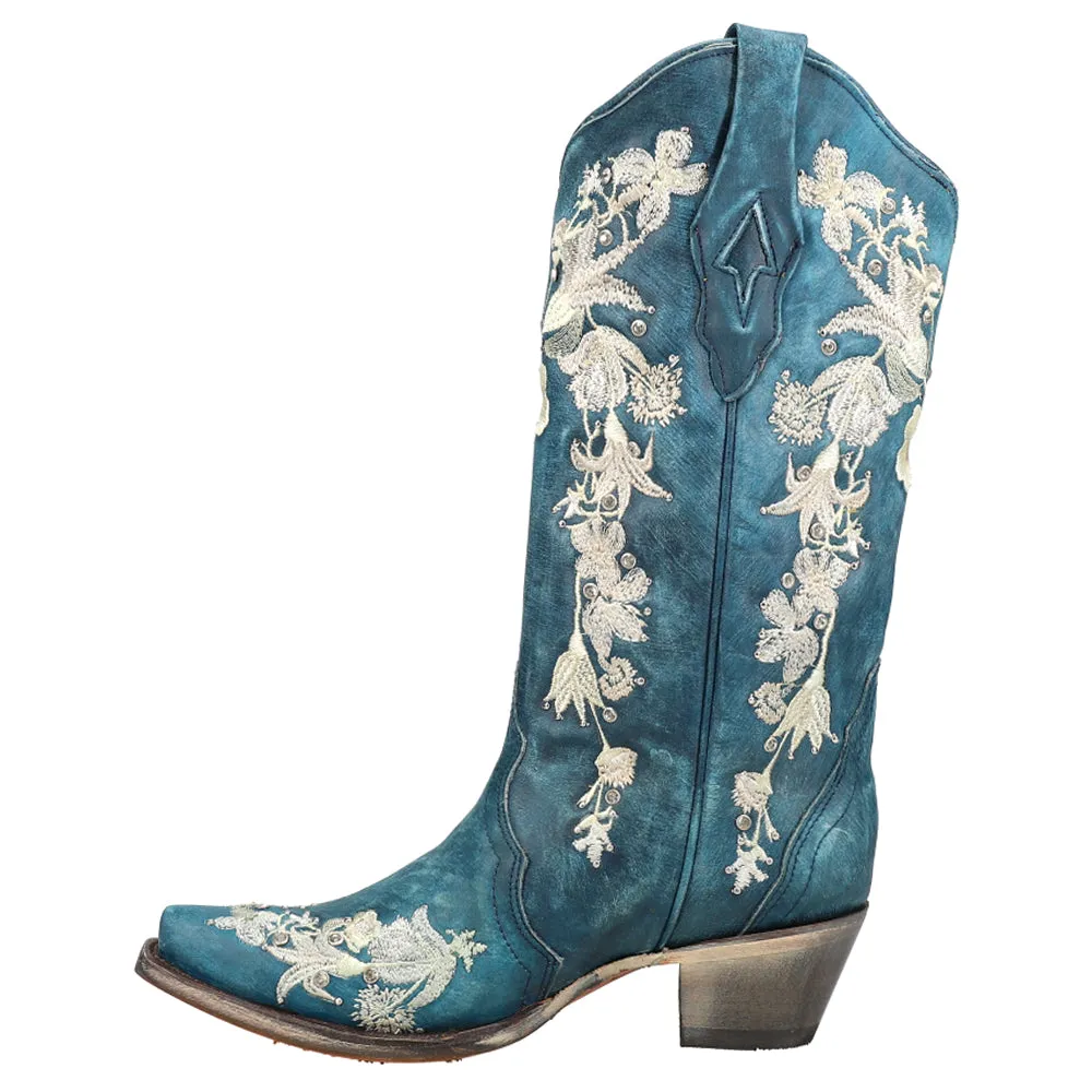 Studded Floral Snip Toe Cowboy Boots