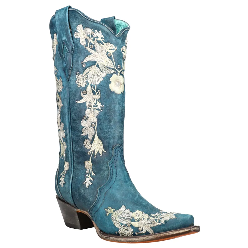 Studded Floral Snip Toe Cowboy Boots