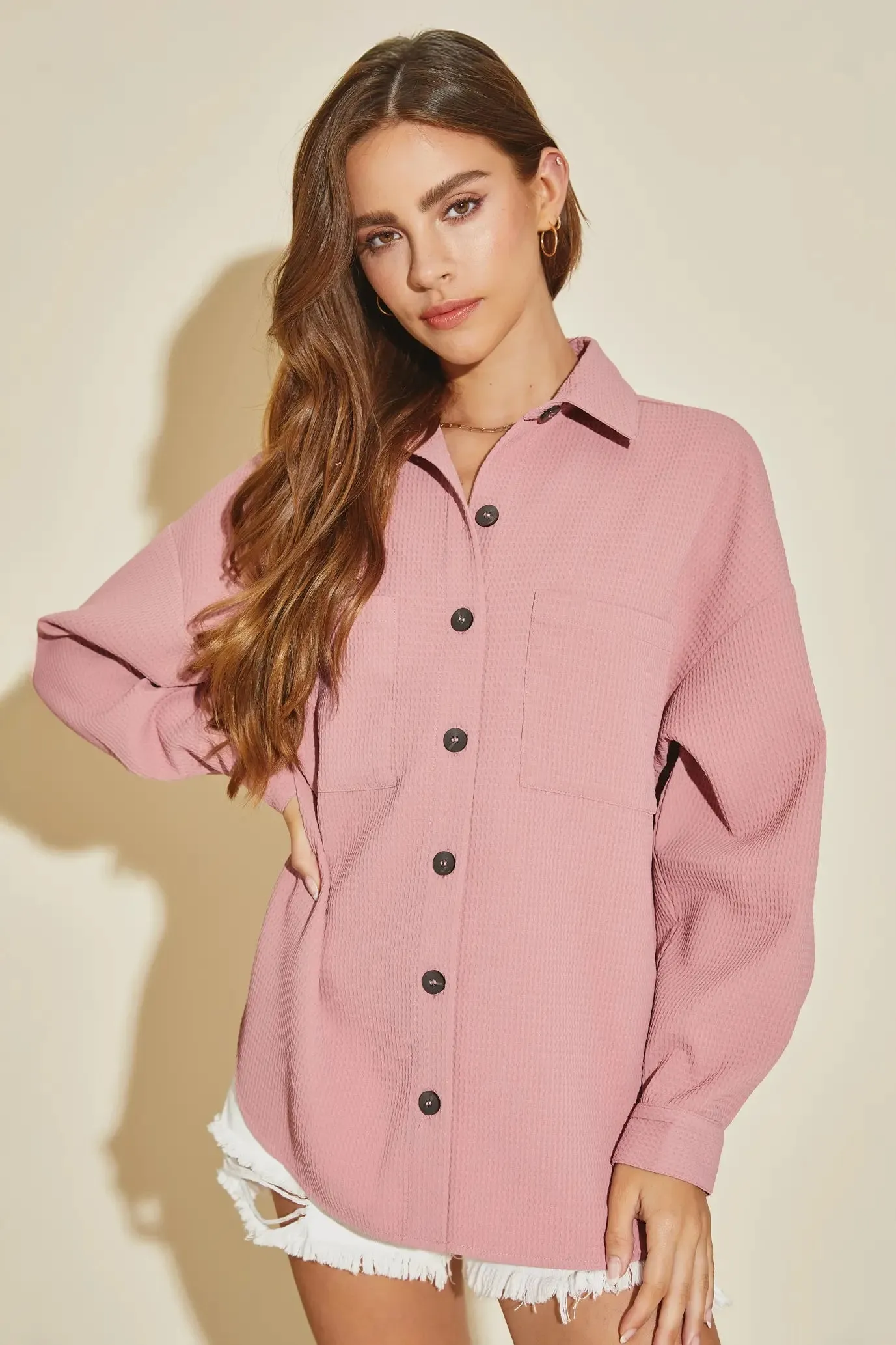 Textured Oversized Button-Up Woven Waffle Shirt