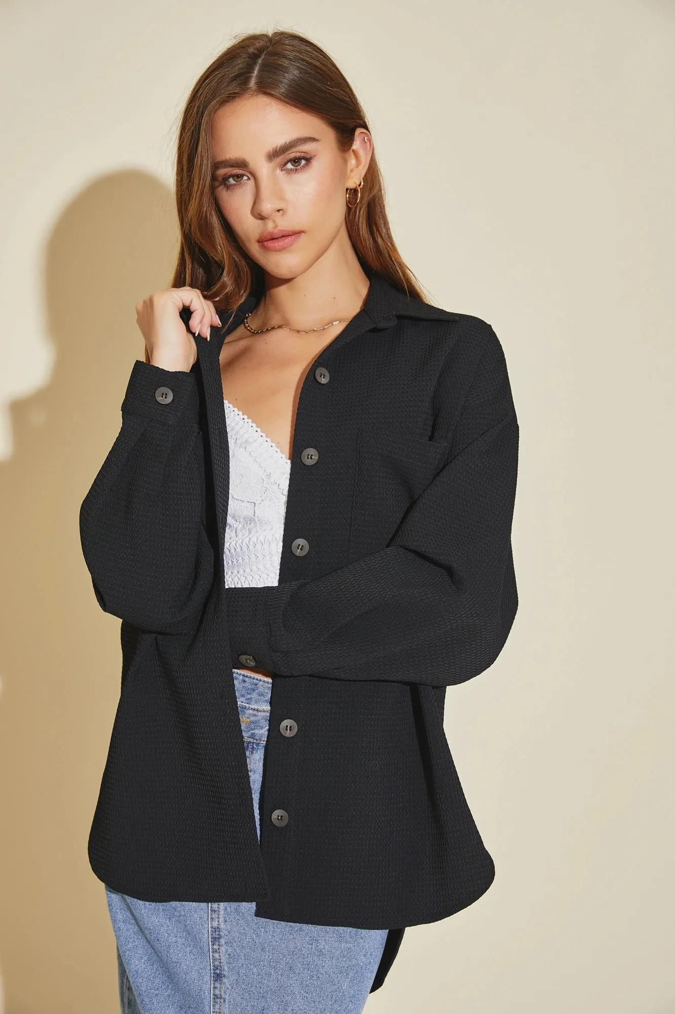 Textured Oversized Button-Up Woven Waffle Shirt