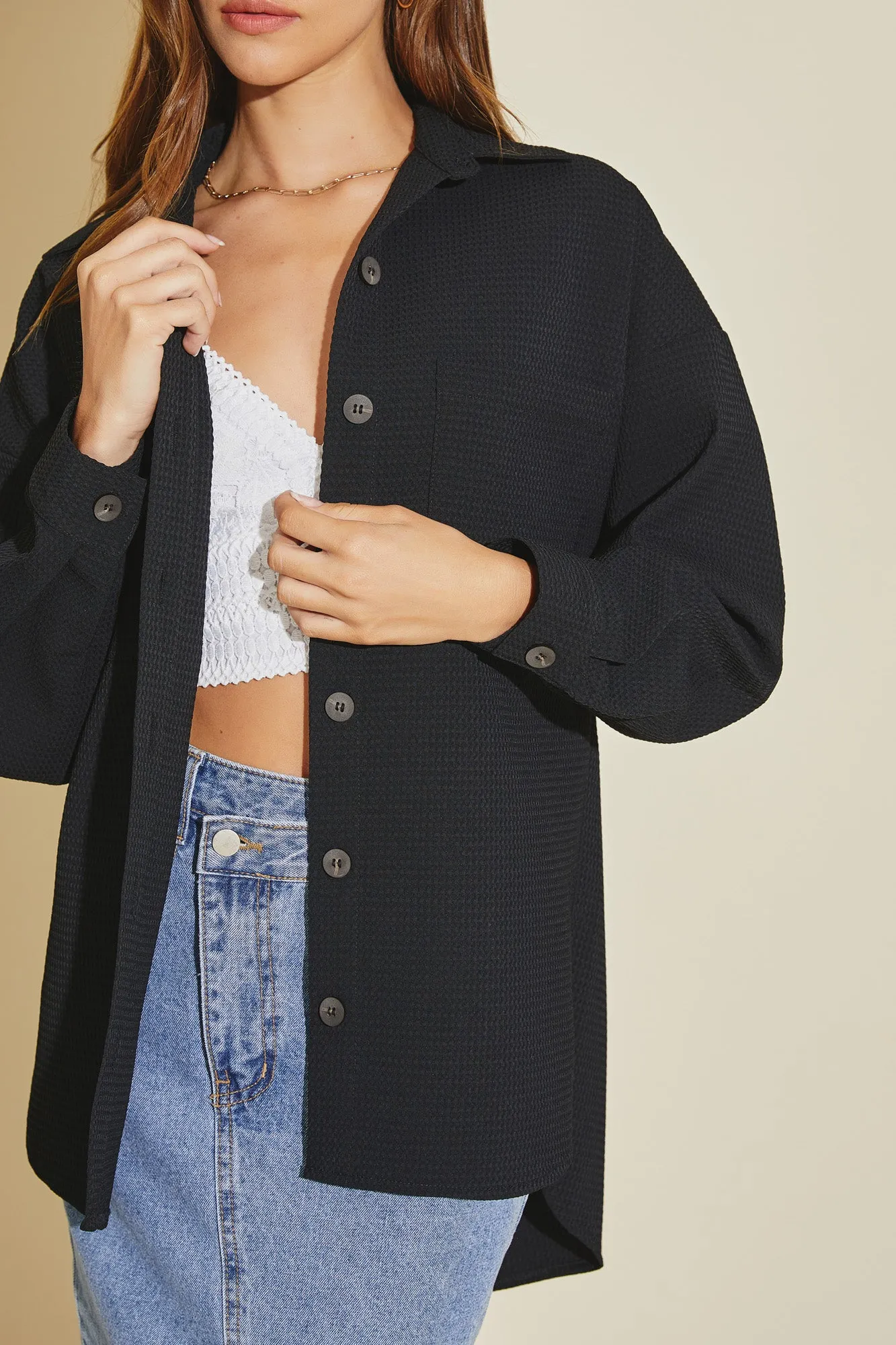 Textured Oversized Button-Up Woven Waffle Shirt