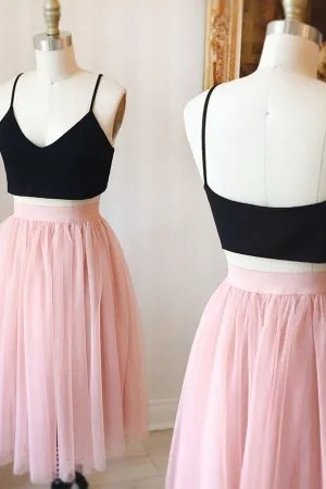 Two Piece Cute Pink Knee Length Tulle Homecoming Dresses For Teens  PD124