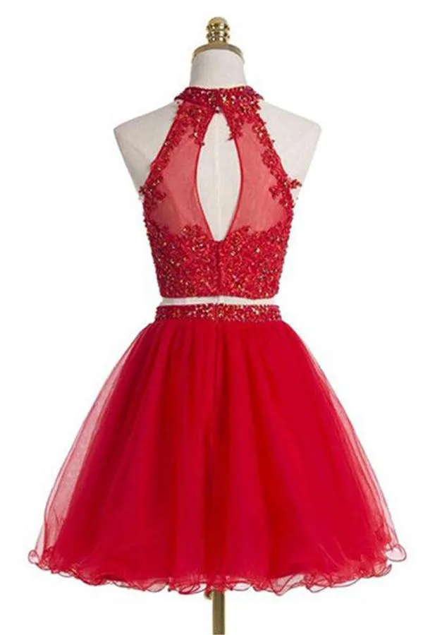 Two pieces Halter Red Sleeveless Homecoming Dress PG021