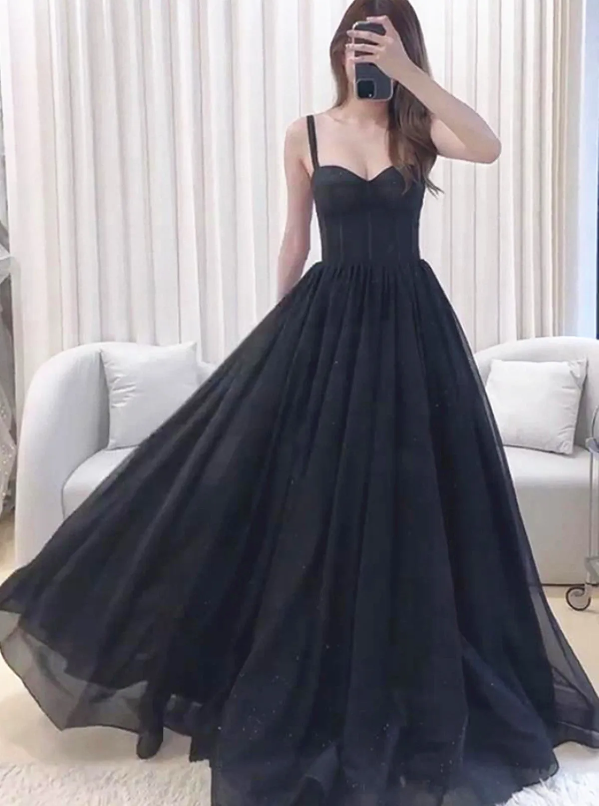 Uniwim 2024 A-line Black Tulle Sweetheart Straps Long Party Dress, Black Tulle Prom Dress