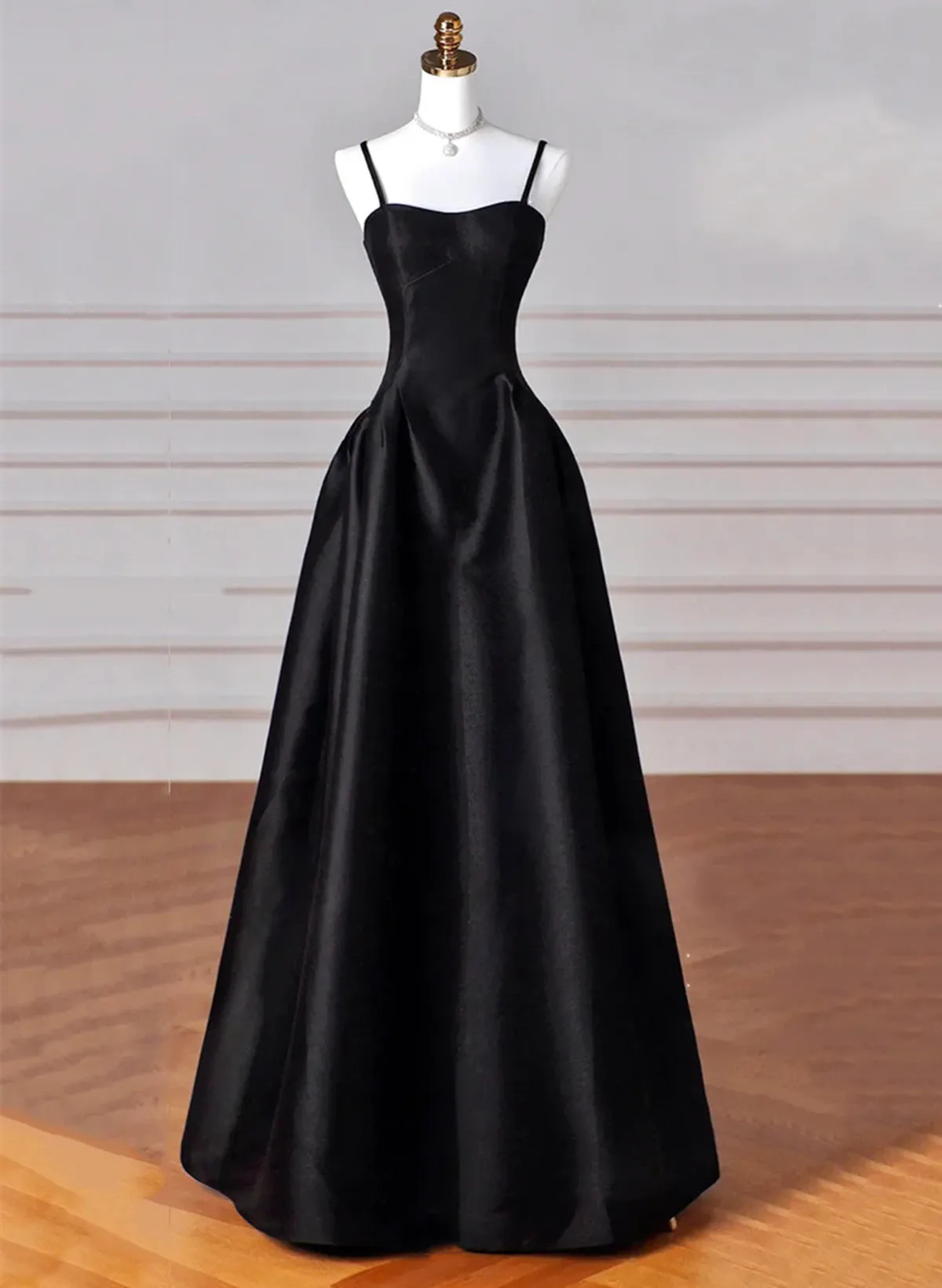 Uniwim 2024 Black A-Line Straps Satin Long Party Dress, Black Long Prom Dress Evening Dress