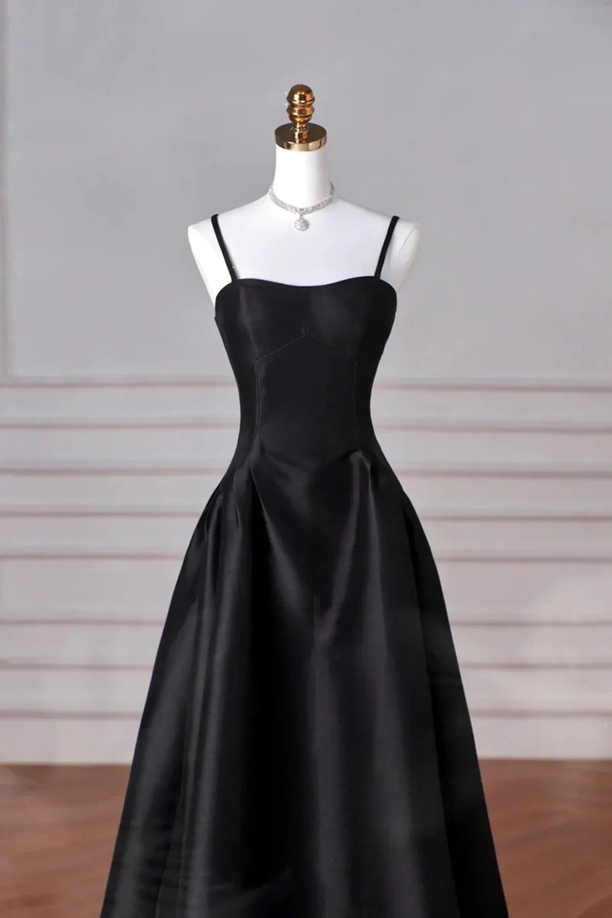 Uniwim 2024 Black A-Line Straps Satin Long Party Dress, Black Long Prom Dress Evening Dress