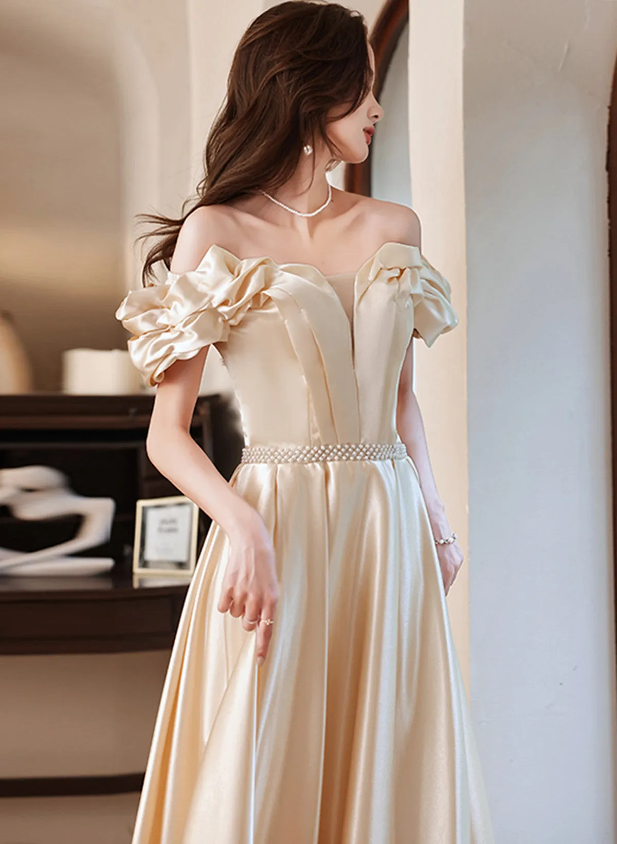 Uniwim 2024 Champagne Satin Long Off Shoulder Prom Dress, A-line Beaded Evening Dress