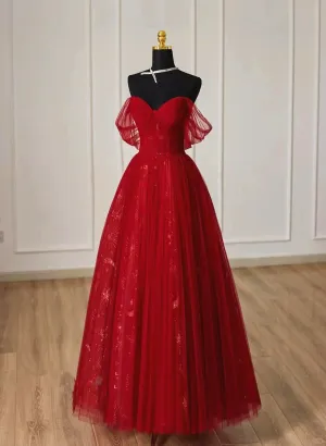 Uniwim 2024 Lovely Wine Red Tulle Sweetheart Off Shoulder Prom Dress, Wine Red Long Party Dress