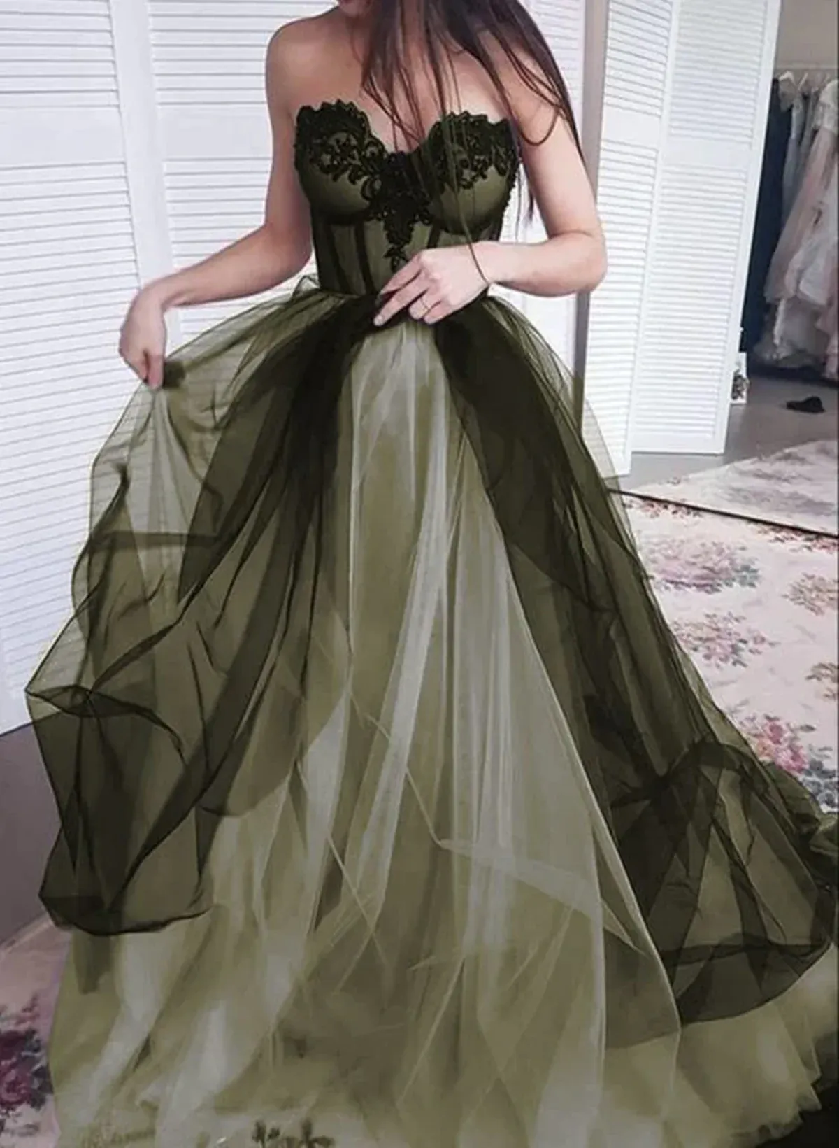 Uniwim Black and Green Tulle Sweetheart A-line Prom Dress, Long Party Dress Evening Dress