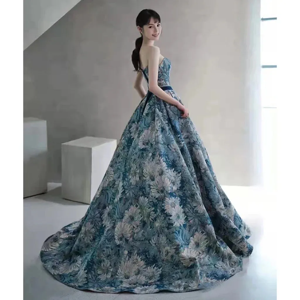 Uniwim Elegant Flower Evening Dress For Women Blue Green Strapless A-line Pleat Detachable Sleeve Belt Banquet Party Formal Prom Gowns