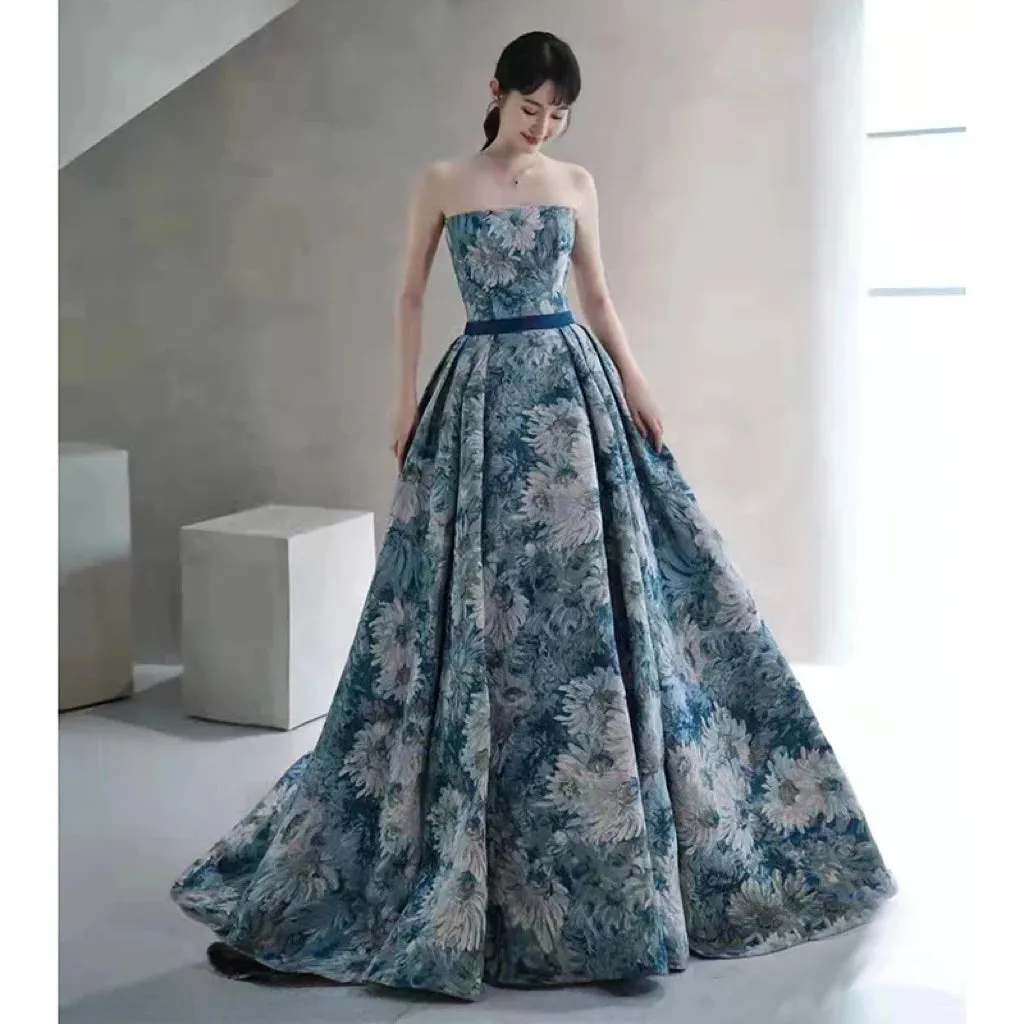 Uniwim Elegant Flower Evening Dress For Women Blue Green Strapless A-line Pleat Detachable Sleeve Belt Banquet Party Formal Prom Gowns