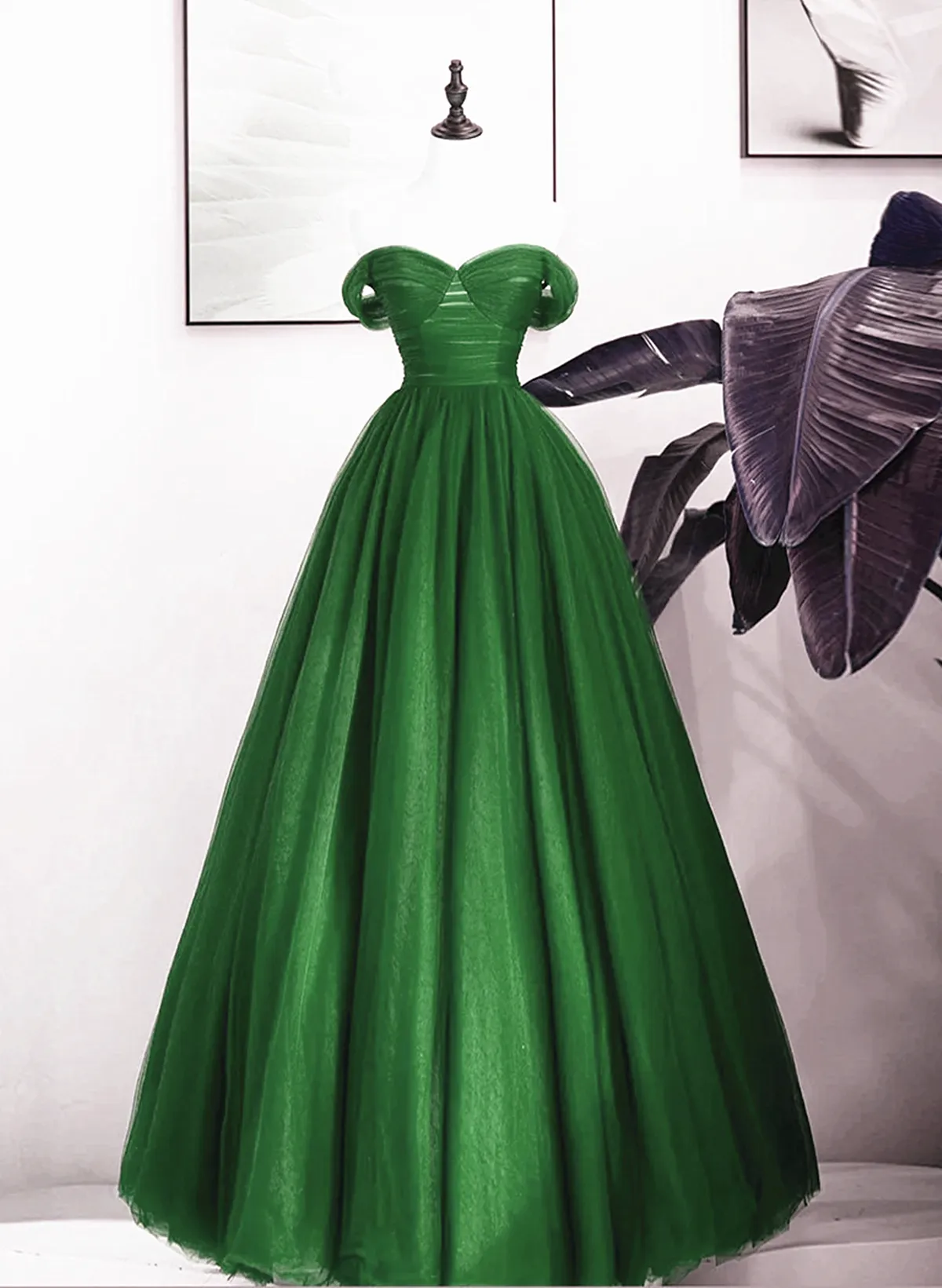 Uniwim Green Off Shoulder Tulle A-line Long Party Dress, Green A-line Prom Dress