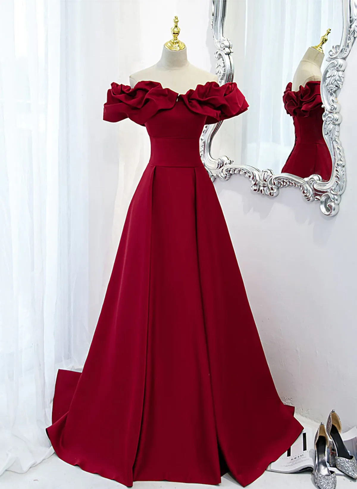 Uniwim Off Shoulder Wine Red Sweetheart Long Party Dress, Wine Red Prom Dress Evening Dress