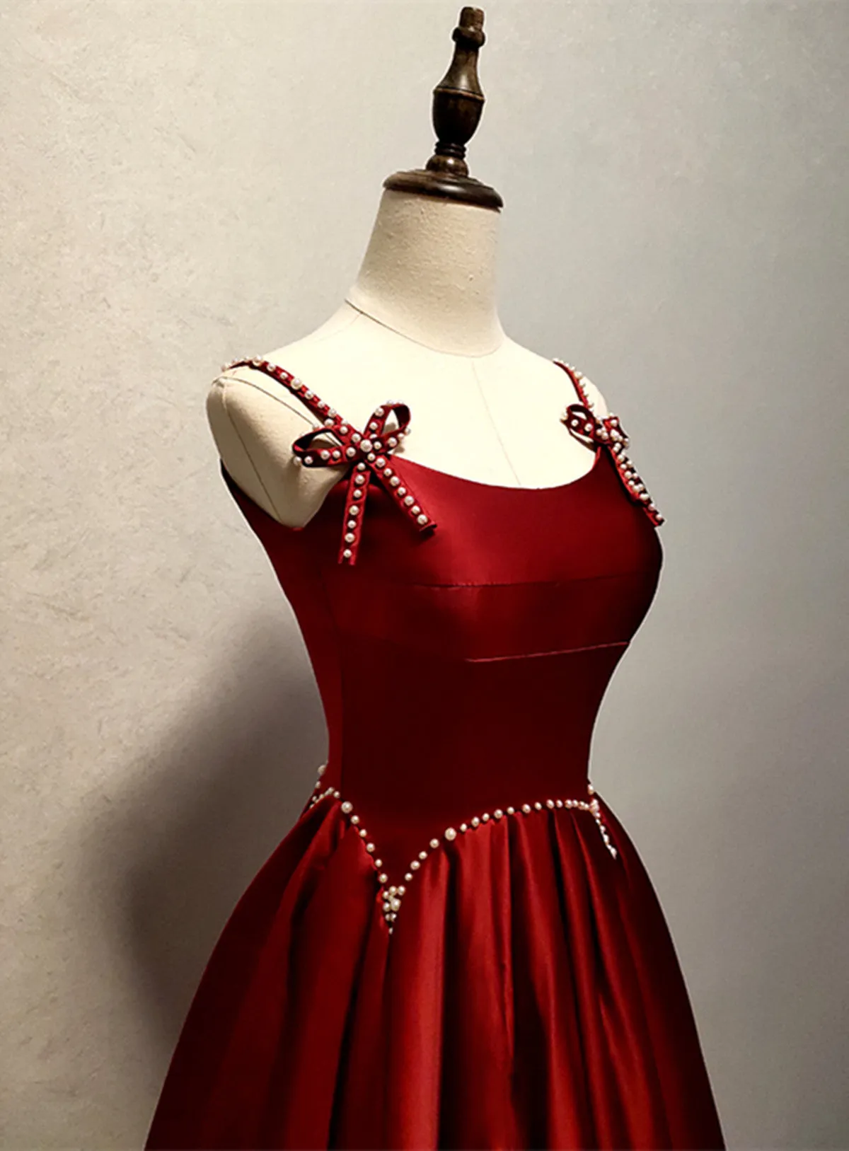 Uniwim Wine Red Satin Straps Beaded Long Party Dress, Wine Red A-line Prom Dress