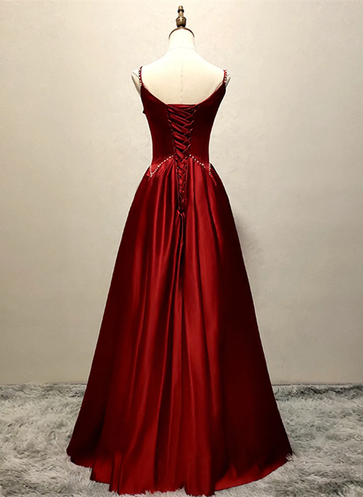 Uniwim Wine Red Satin Straps Beaded Long Party Dress, Wine Red A-line Prom Dress