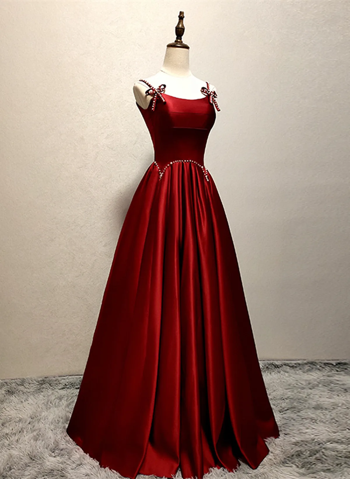 Uniwim Wine Red Satin Straps Beaded Long Party Dress, Wine Red A-line Prom Dress