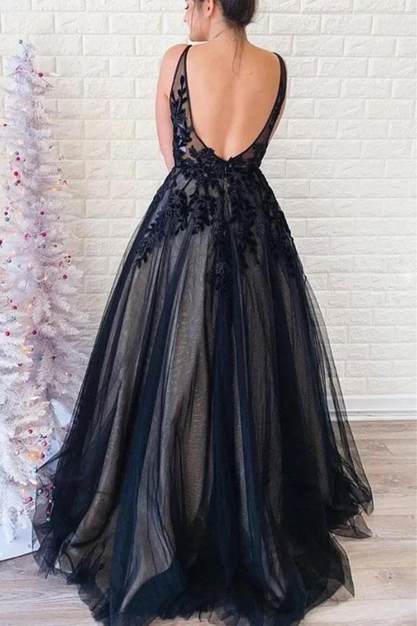 V Neck Backless Tulle Black Prom Dress With Applique PSK141