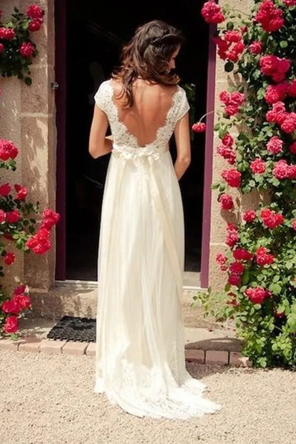 V-neck Cap Sleeves Sweep Train Backless Wedding Dress With Sash  WD011