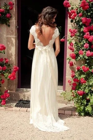 V-neck Cap Sleeves Sweep Train Backless Wedding Dress With Sash  WD011