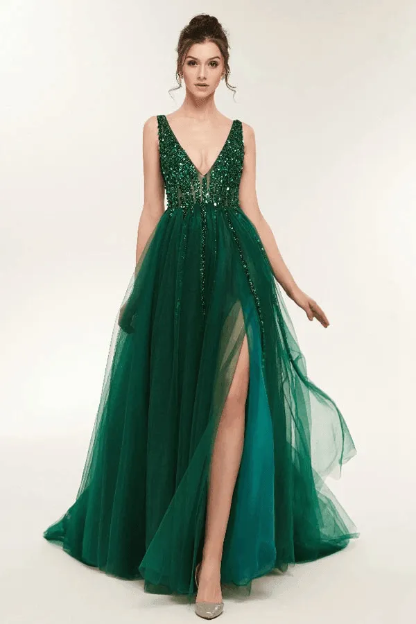 V Neck Green Open Back Tulle Long Prom Dresses With Sequins  PSK104