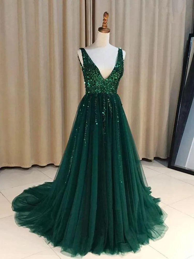 V Neck Green Open Back Tulle Long Prom Dresses With Sequins  PSK104