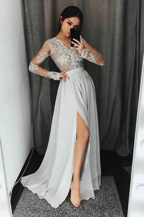 V-Neck Long Sleeves Light Grey Chiffon Prom Dress with Appliques PG435