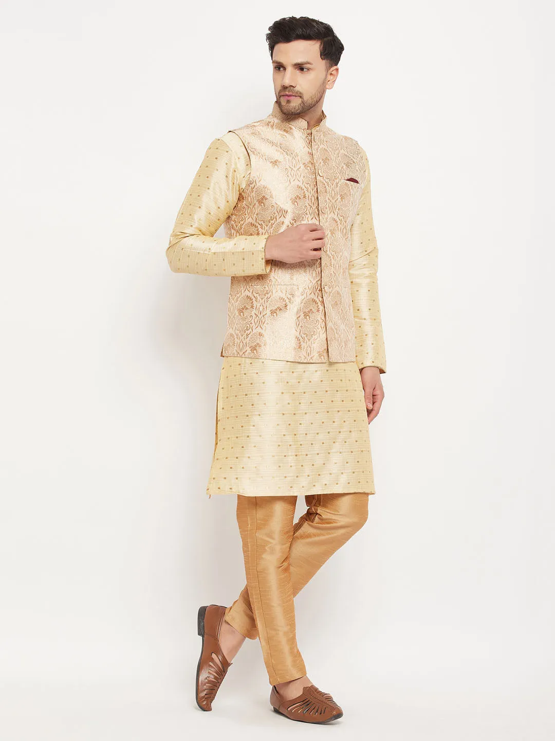 VASTRAMAY Men's Rose Gold Jacquard Nehru Jacket