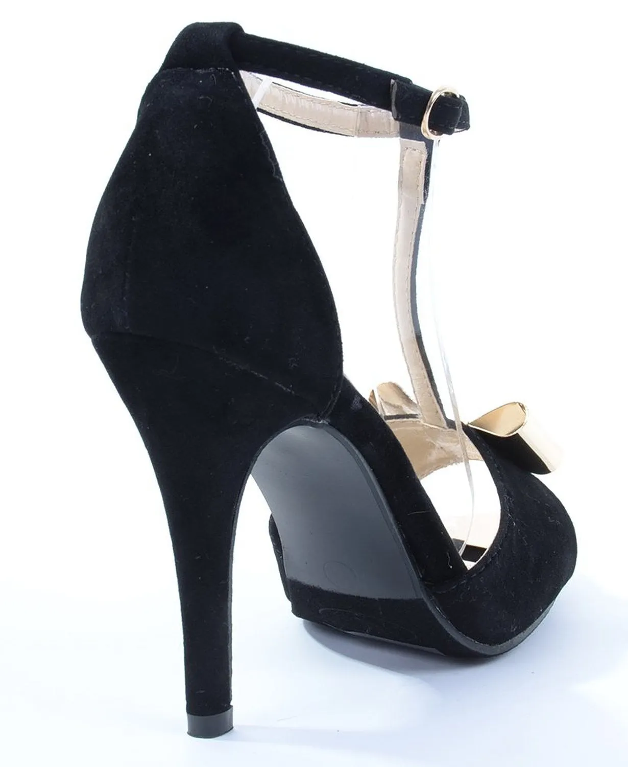 Viccy-1 Faux Suede Metal Bow T-Strap Open Toe Heels