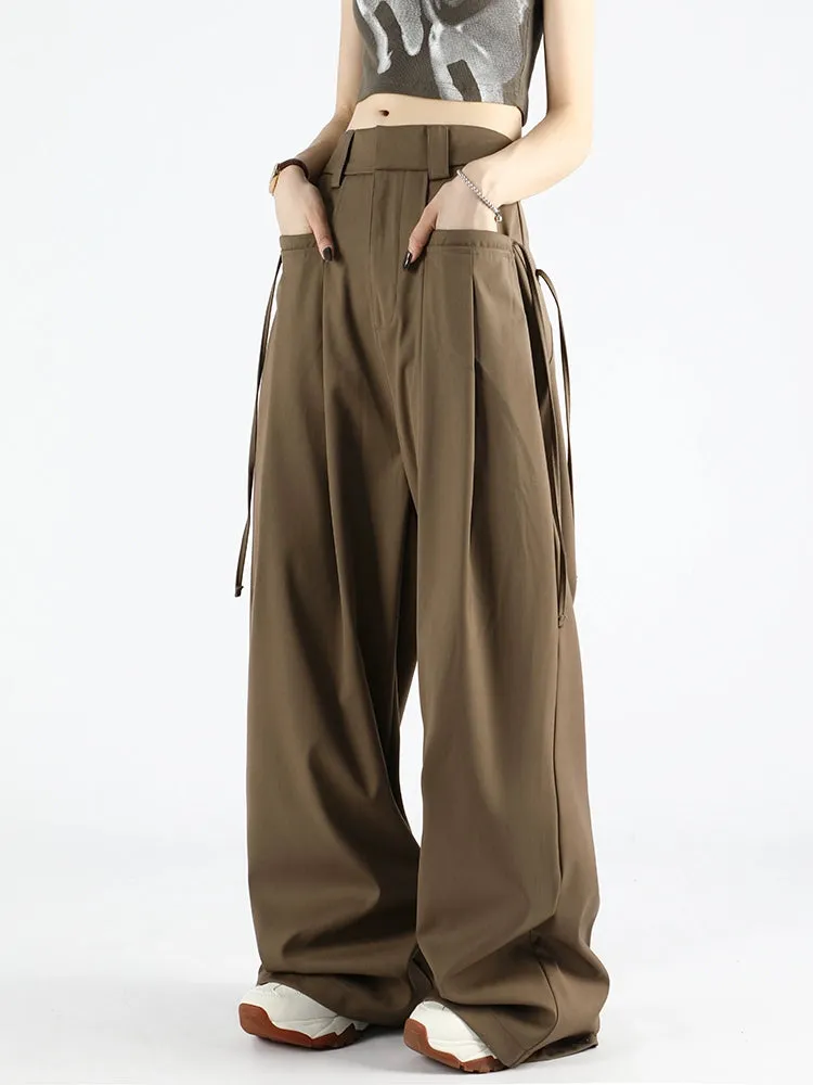 Wide Leg Suit Pants with Drawstring Waist Detail