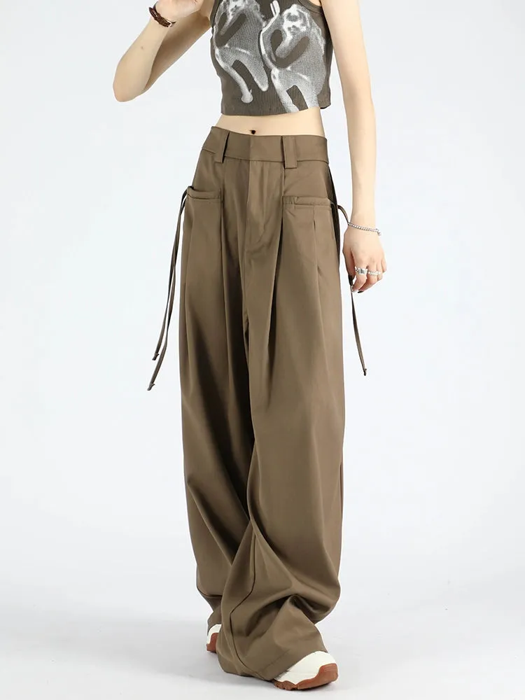 Wide Leg Suit Pants with Drawstring Waist Detail