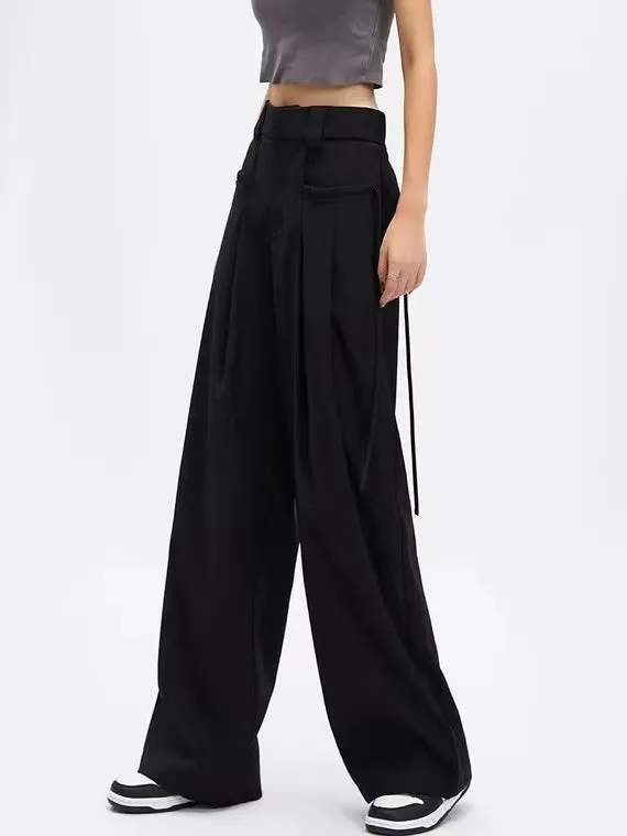 Wide Leg Suit Pants with Drawstring Waist Detail