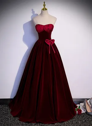 Wine Red Sweetheart Velvet Long Party Dress, A-line Wine Red Prom Dress