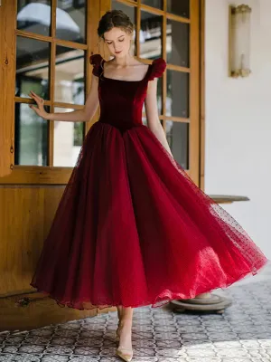 Wine Red Velvet and Tulle Low Back Party Dress, Wine Red Tea Length Prom Dress