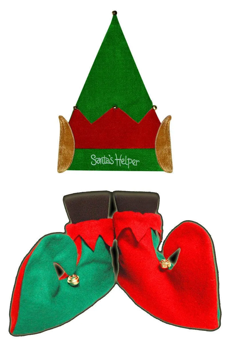 WOMEN ELF SANTAS HELPER HAT SHOES TIGHTS CHRISTMAS FANCY DRESS