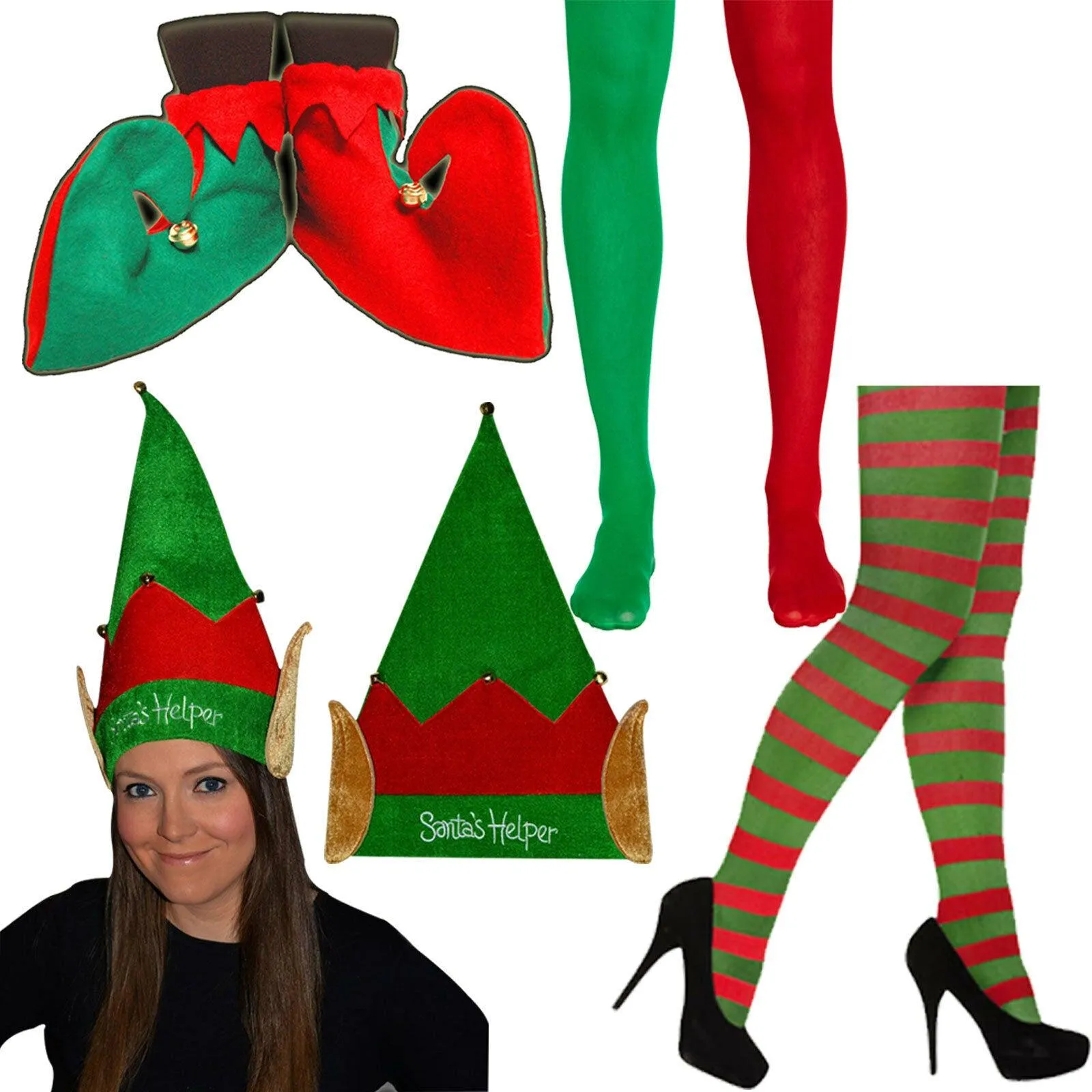 WOMEN ELF SANTAS HELPER HAT SHOES TIGHTS CHRISTMAS FANCY DRESS