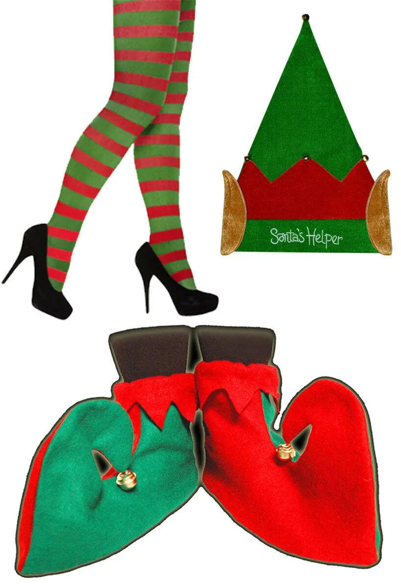 WOMEN ELF SANTAS HELPER HAT SHOES TIGHTS CHRISTMAS FANCY DRESS