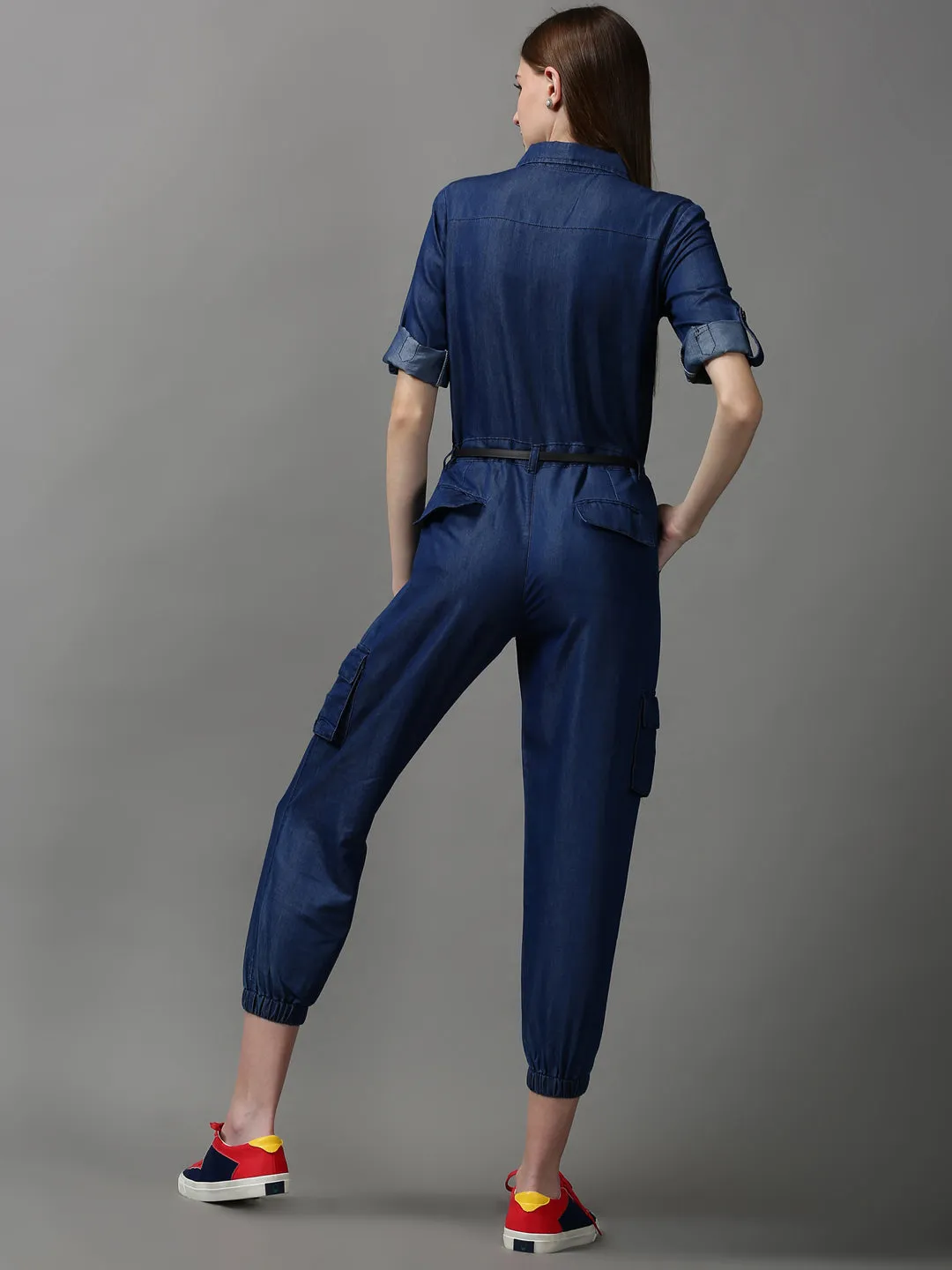 Women Shirt Collar Solid Navy Blue Basic Jumpsuit