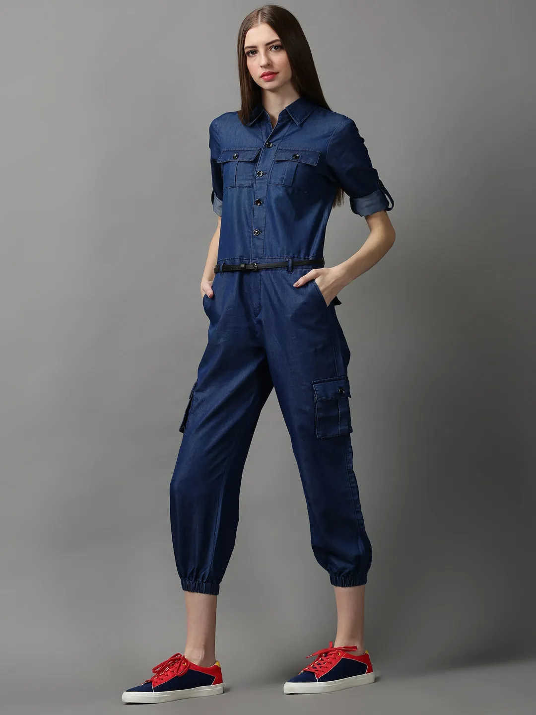 Women Shirt Collar Solid Navy Blue Basic Jumpsuit