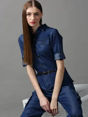 Women Shirt Collar Solid Navy Blue Basic Jumpsuit