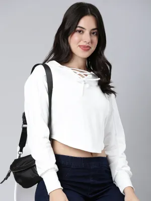 Women Solid White Crop Sweatshirt