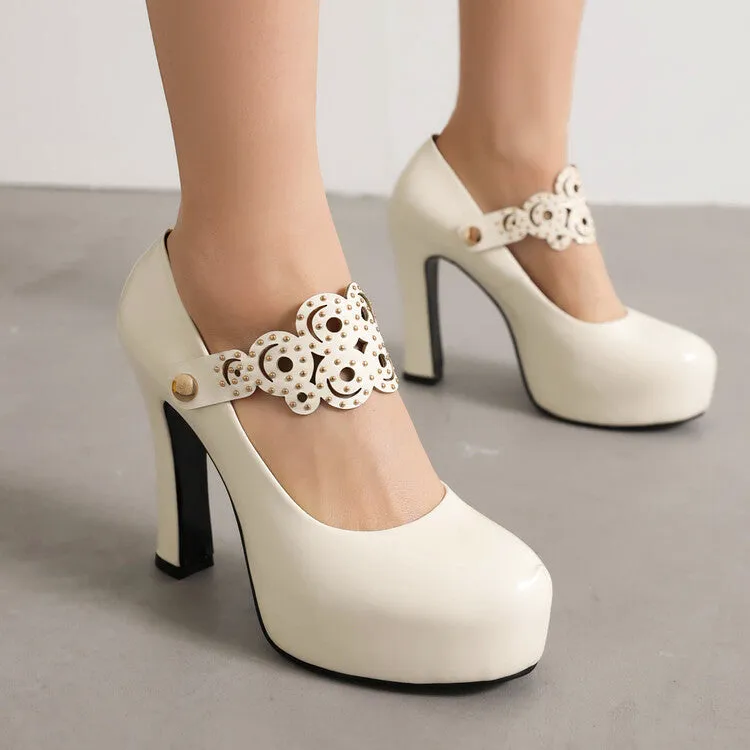 Women's Studded Chunky Heel Mary Jane Platform Pumps