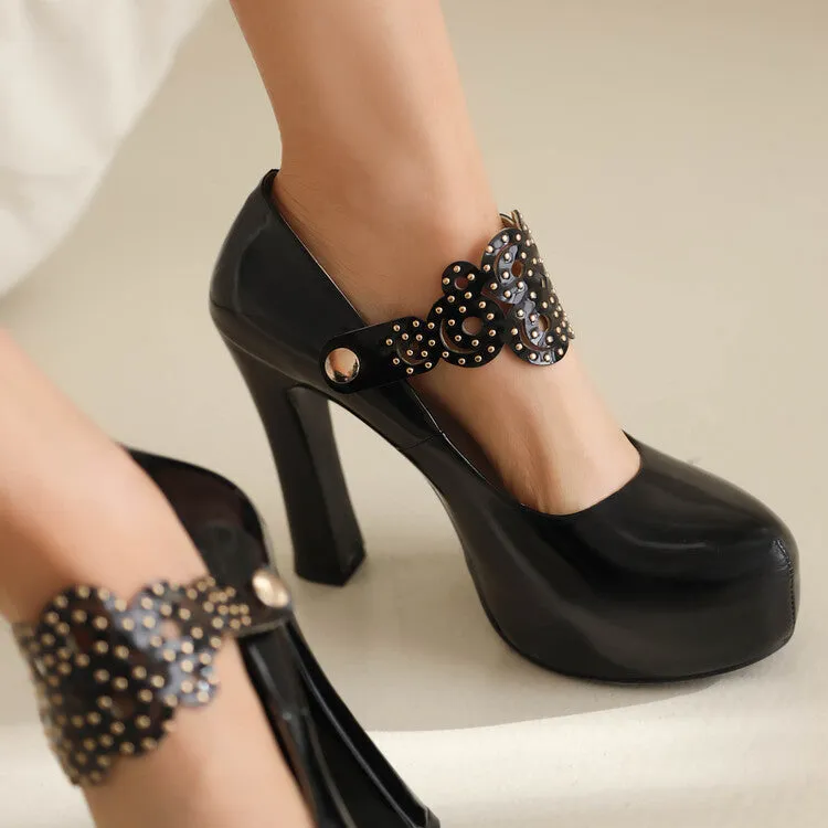 Women's Studded Chunky Heel Mary Jane Platform Pumps