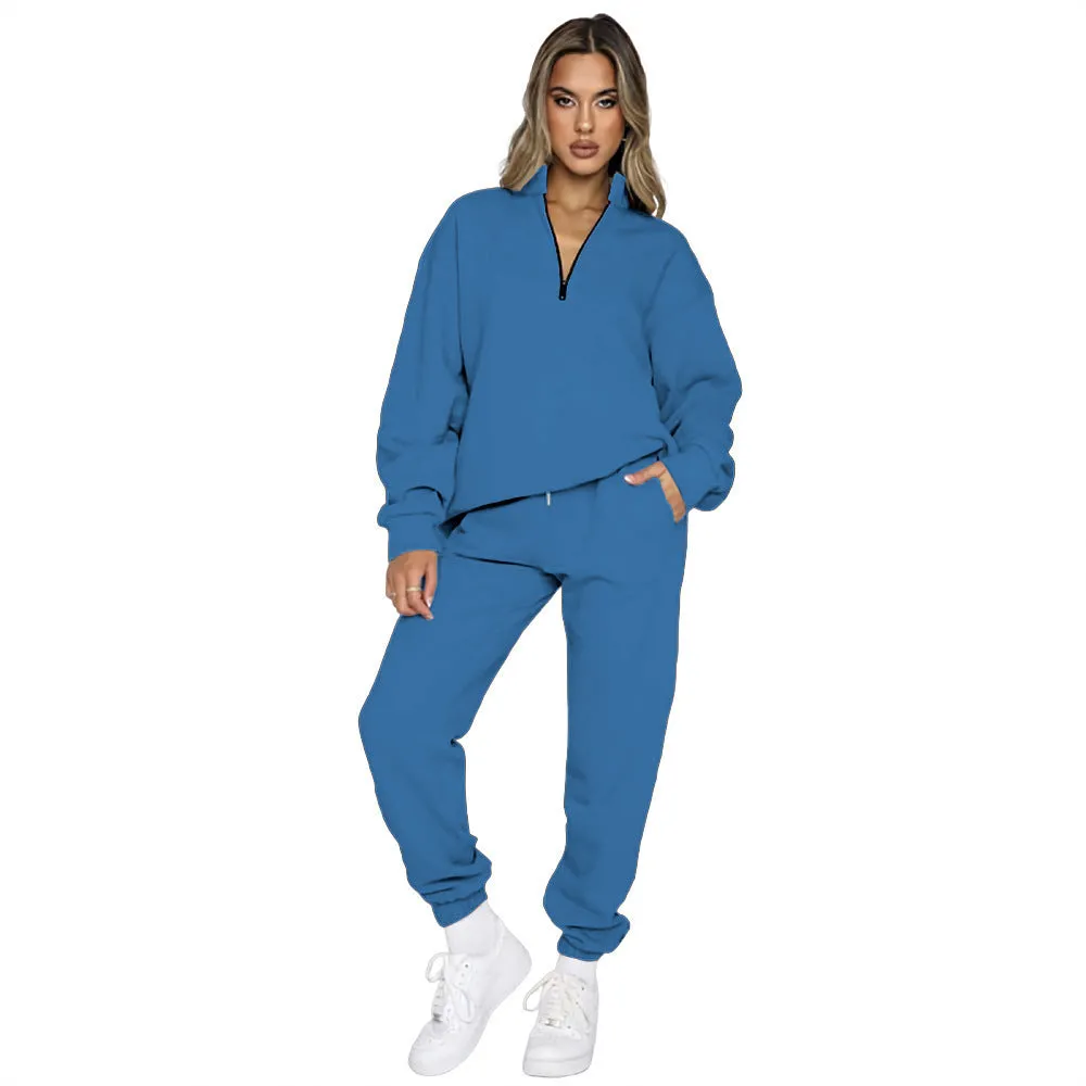 Zipper Pullover Sweater Trousers Two-piece Set