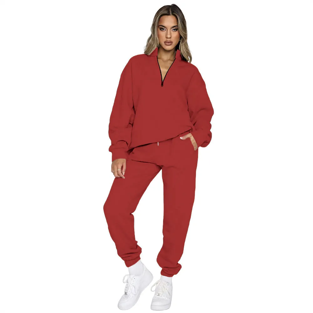 Zipper Pullover Sweater Trousers Two-piece Set